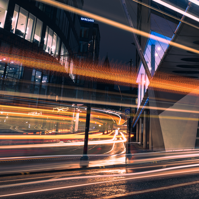 Blurred tram lights in Manchester