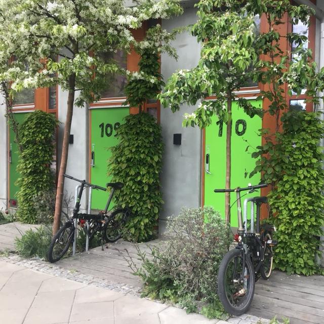 Bikes outside homes in Malmo, Sweden