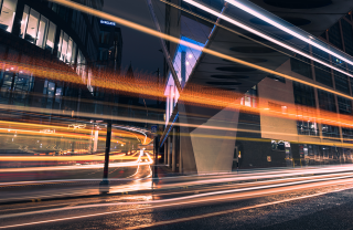 Blurred tram lights in Manchester