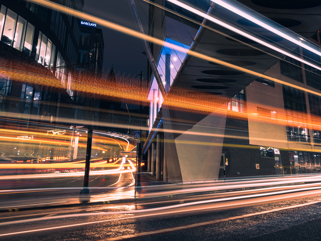 Blurred tram lights in Manchester