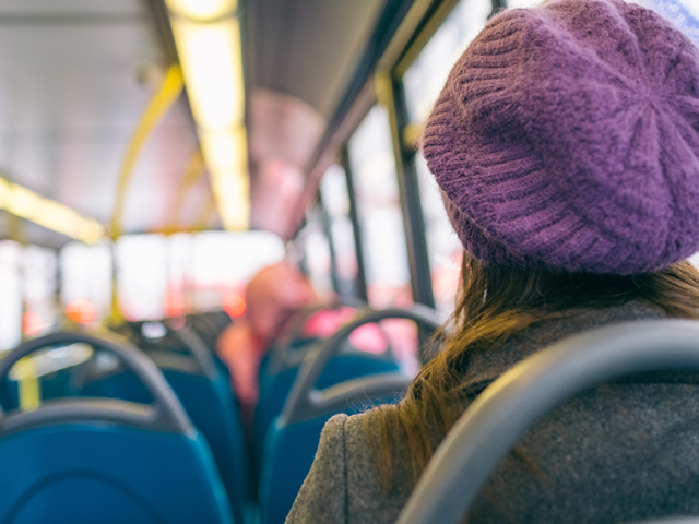 A woman in a purple hat on the bus